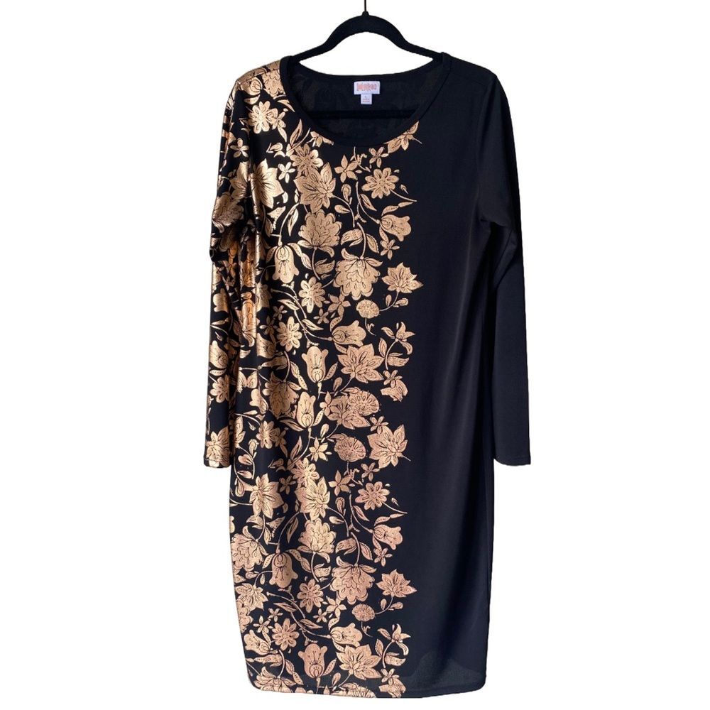 LuLaRoe Elegant Debbie Dress - Black and Rosey Gold Floral - Size Large